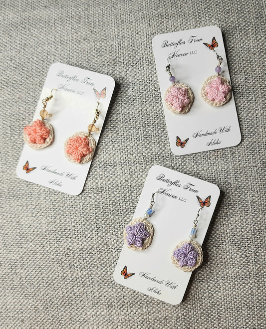 Crochet Puff Flower Button earrings - BUTTERFLIES FROM HEAVEN