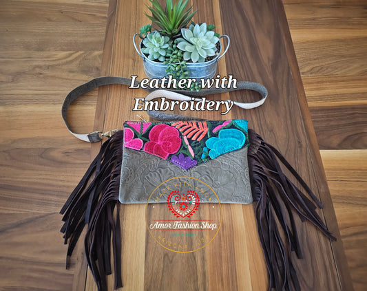 Leather & Embroidery Clutch Crossbody @amorfashionshop
