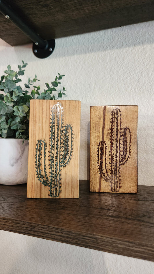 Wooden Block Decor with Epoxy Resin Saguaros