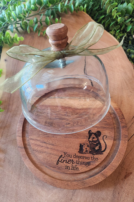 Glass Dome Cheese Dish with Engraved Wooden Base - The Laser Canvas