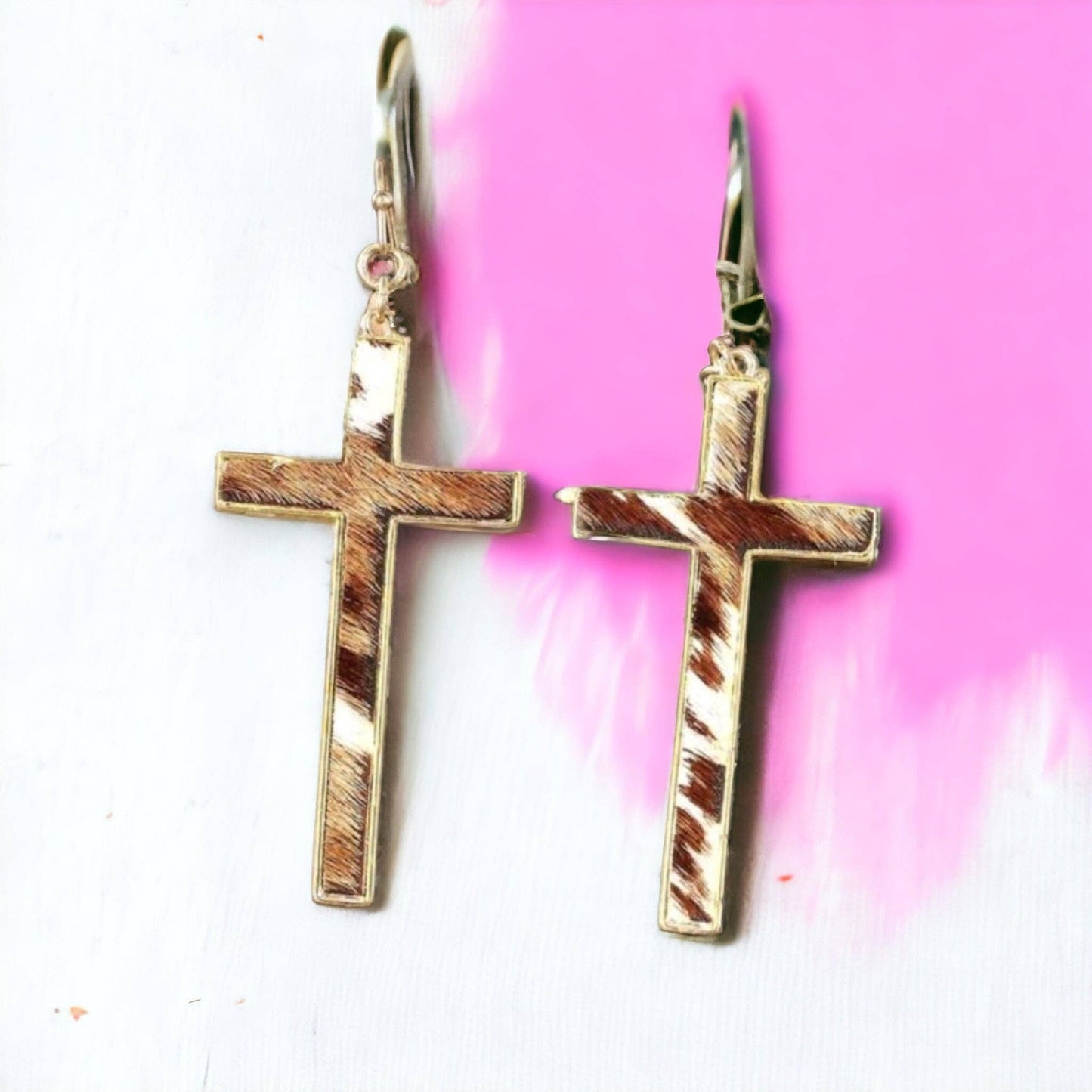 Cow Hide Cross Earrings-Gold