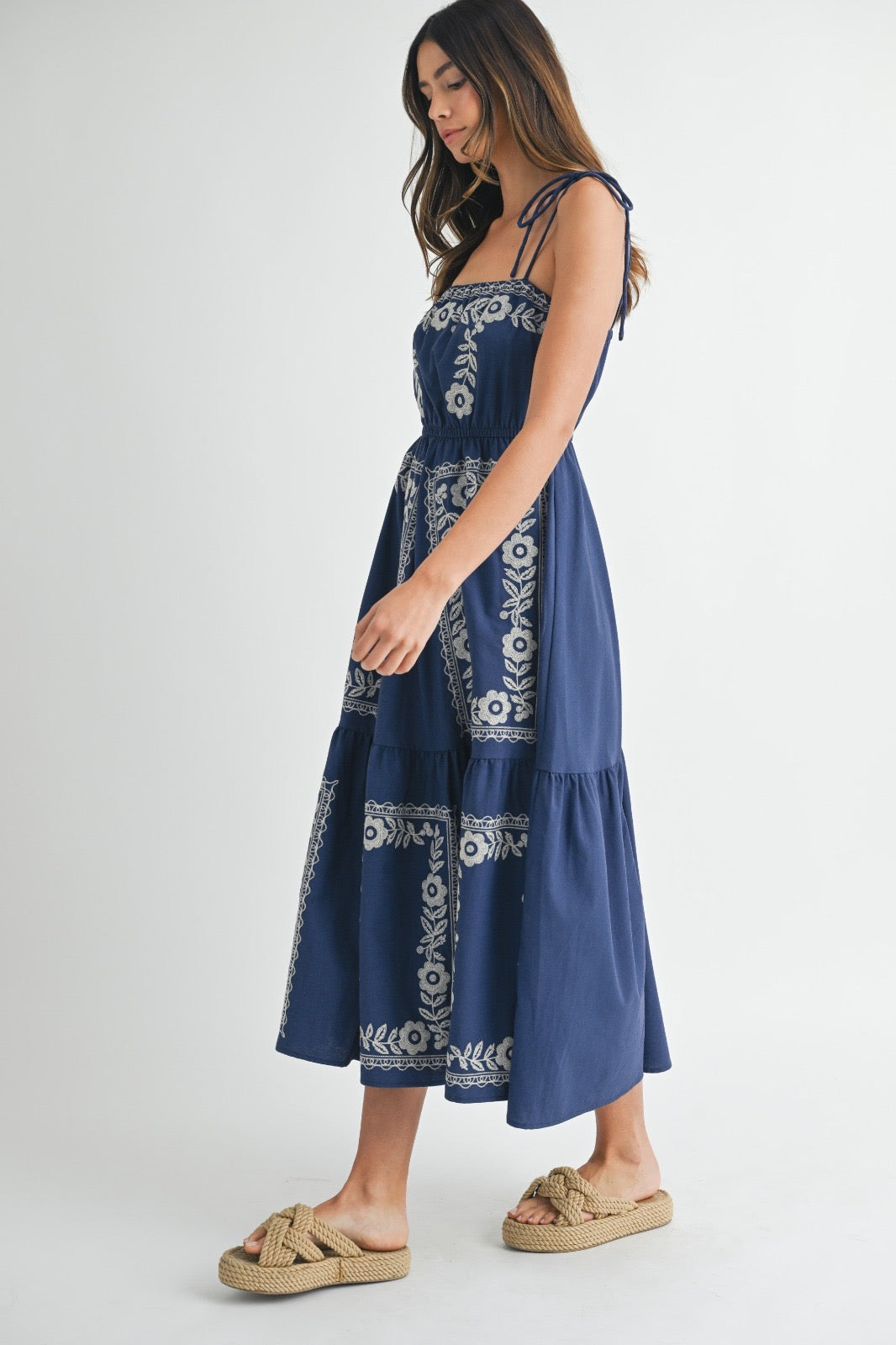Marin Embroidered Linen Midi Dress – Made in Chic