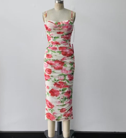 Camila Ruched Floral Midi Dress – Made in Chic