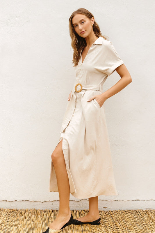 Soleil Linen Belted Midi Dress - Made in Chic