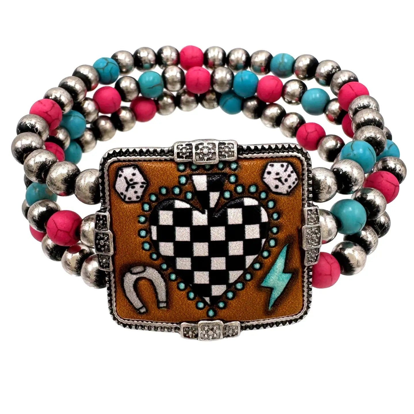 Pink and Turquoise Checkered Stack Bracelet