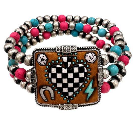 Pink and Turquoise Checkered Stack Bracelet