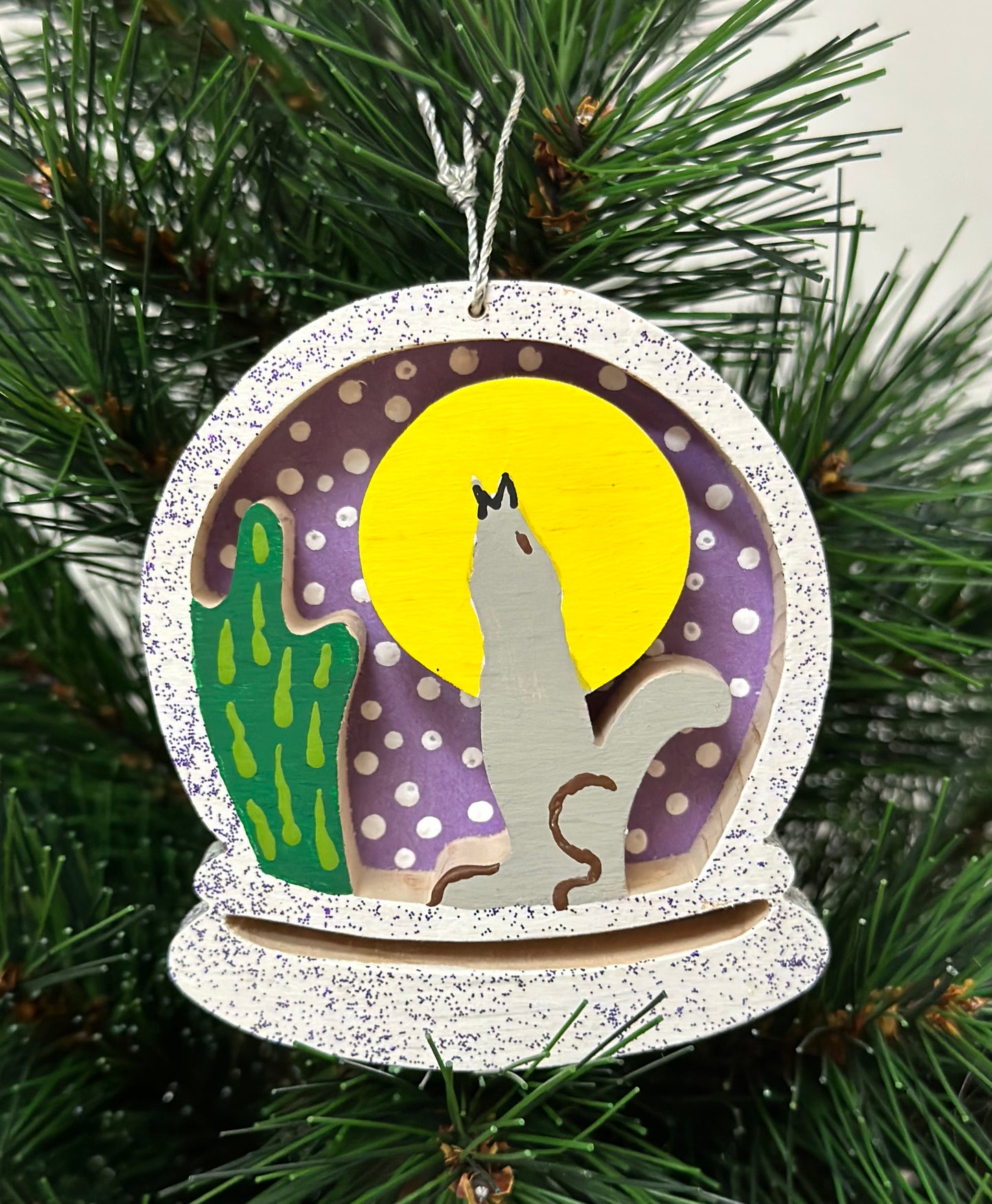 Coyote Snow Globe Wooden Ornament Handcrafted