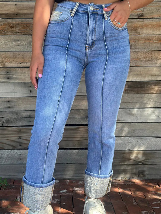 Lace embroidered cuff Denim