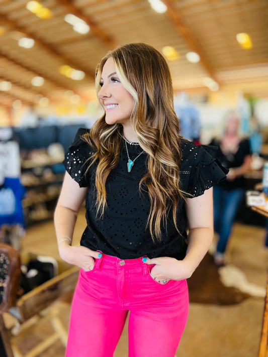 Eyelet Flutter Sleeve Blouse