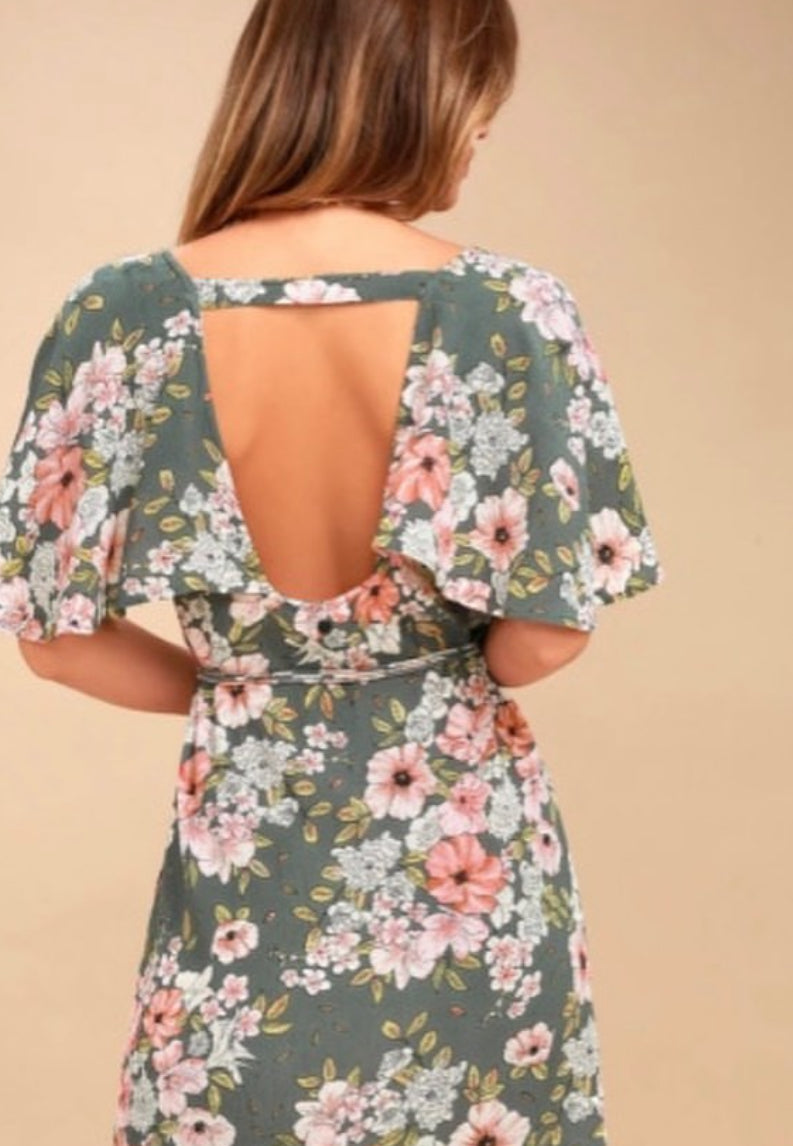Green Floral V Neck Open Back Mini Dress | JB Boutique