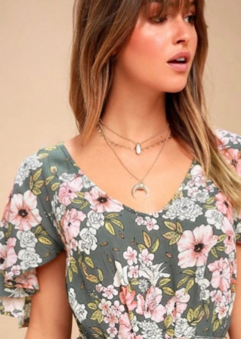 Green Floral V Neck Open Back Mini Dress | JB Boutique