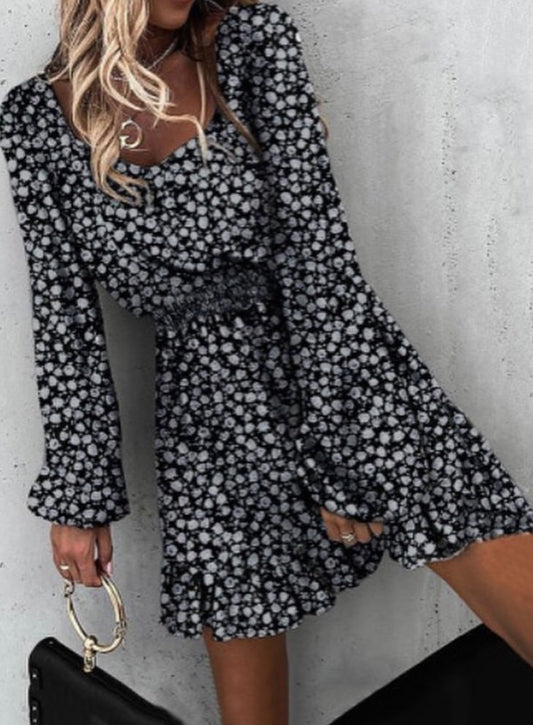 Black Smocked Waist Ruffled Long Sleeve Mini Dress | JB Boutique |