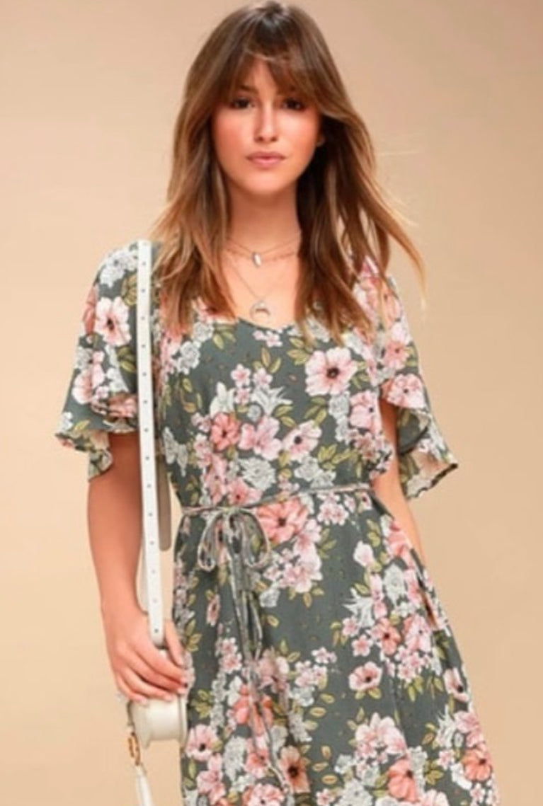 Green Floral V Neck Open Back Mini Dress | JB Boutique