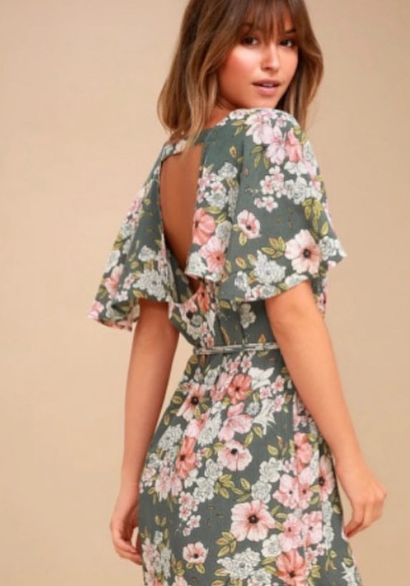 Green Floral V Neck Open Back Mini Dress | JB Boutique
