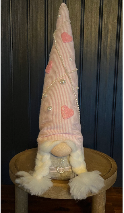 Gnoming Around: Gnome with Pink Striped Hat, Pink Hearts and Pearl Beads