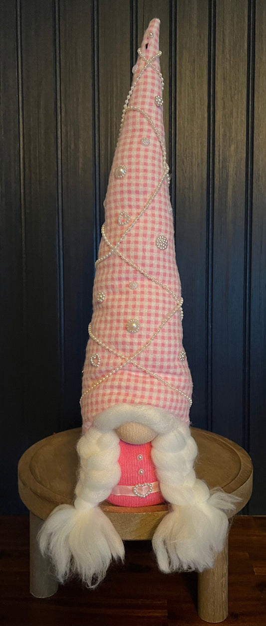 Gnoming Around: Gnome with Pink/White check Hat & Pearl Beads