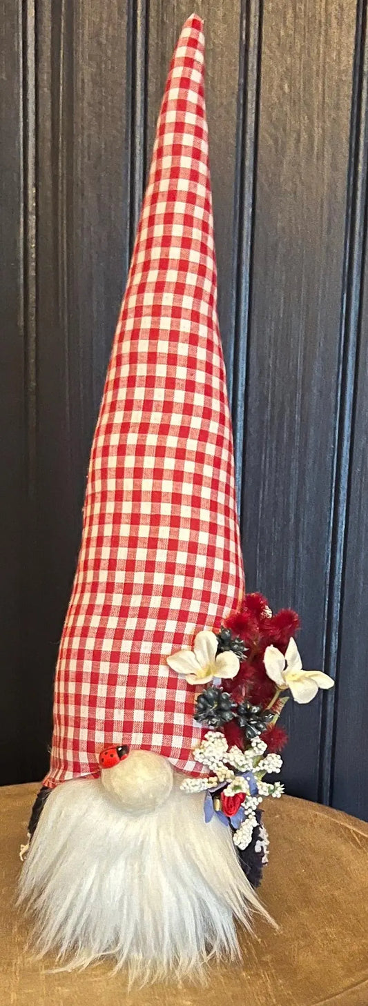 Gnoming Around: Gnome with Red/White check Hat & Flowers