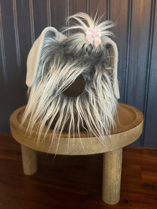 Gnoming Around: Gray/White Dog Gnome with Pink Bow