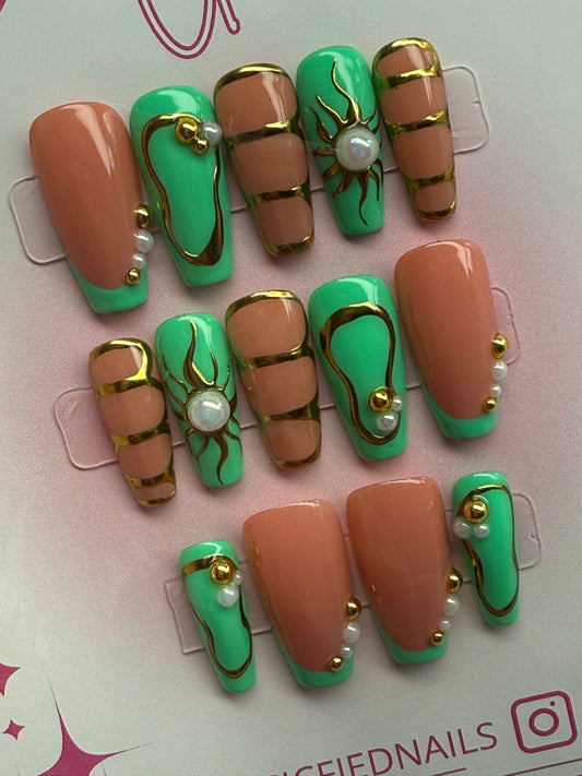 Gold & Turquoise Medium Coffin Press On Nails Set 14:SML/MED