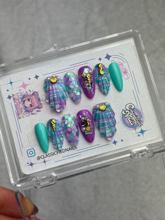 PurpleTeal Ocean Party - 10:MEDIUM -ALMONDMDIUM- Classicfied Nails
