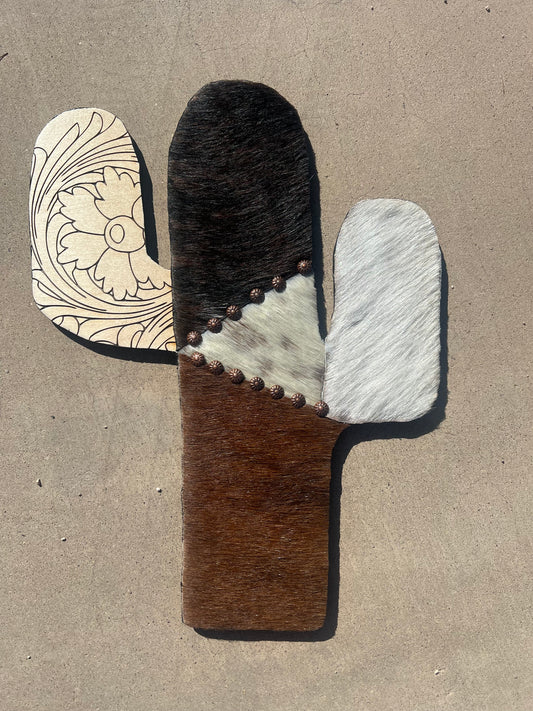 Saguaro cowhide laser etched wood sign
