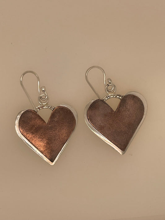 Sterling Silver w/Textured Copper Heart Drop Earrings