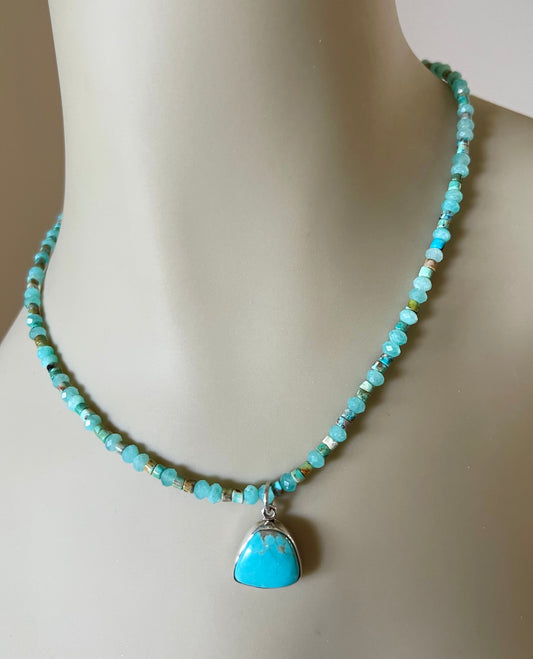 Turquoise and Amazonite Necklace with Removable Bezel Set Turquoise Pendant in Sterling Silver. 16-18"