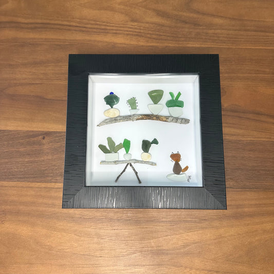 Plants & Brown Cat (Black Frame) Sea Glass Artwork - Crazy Plant Lady Gifts