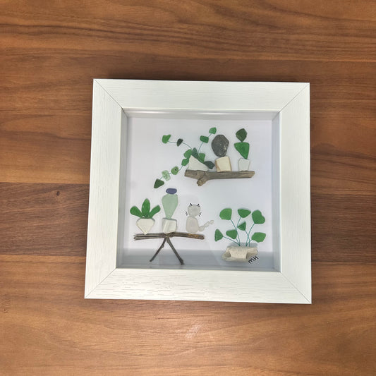 Plants & White Cat Sea Glass Artwork - Crazy Plant Lady Gifts
