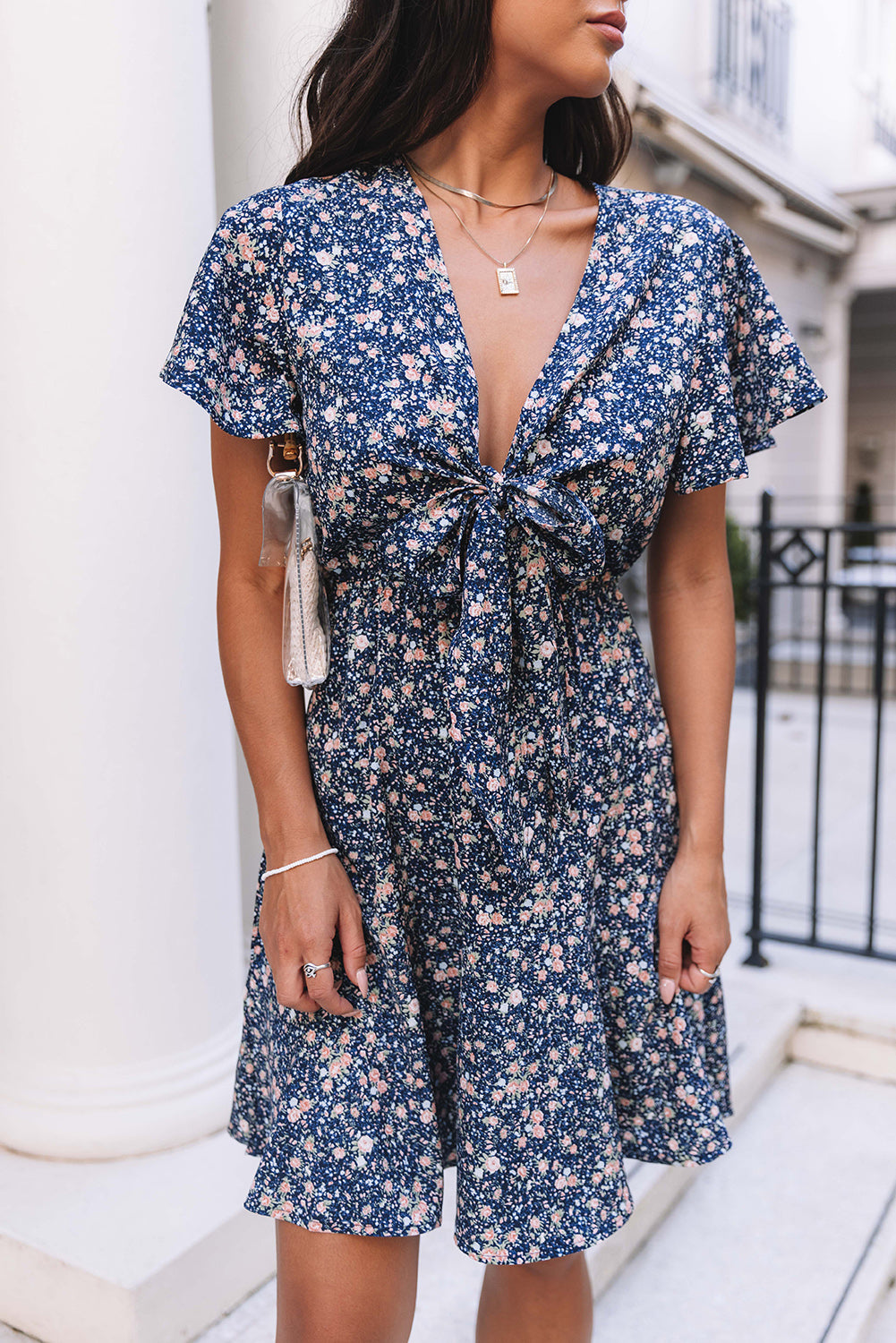 Blue Floral Tie Front Mini Dress| JB Boutique