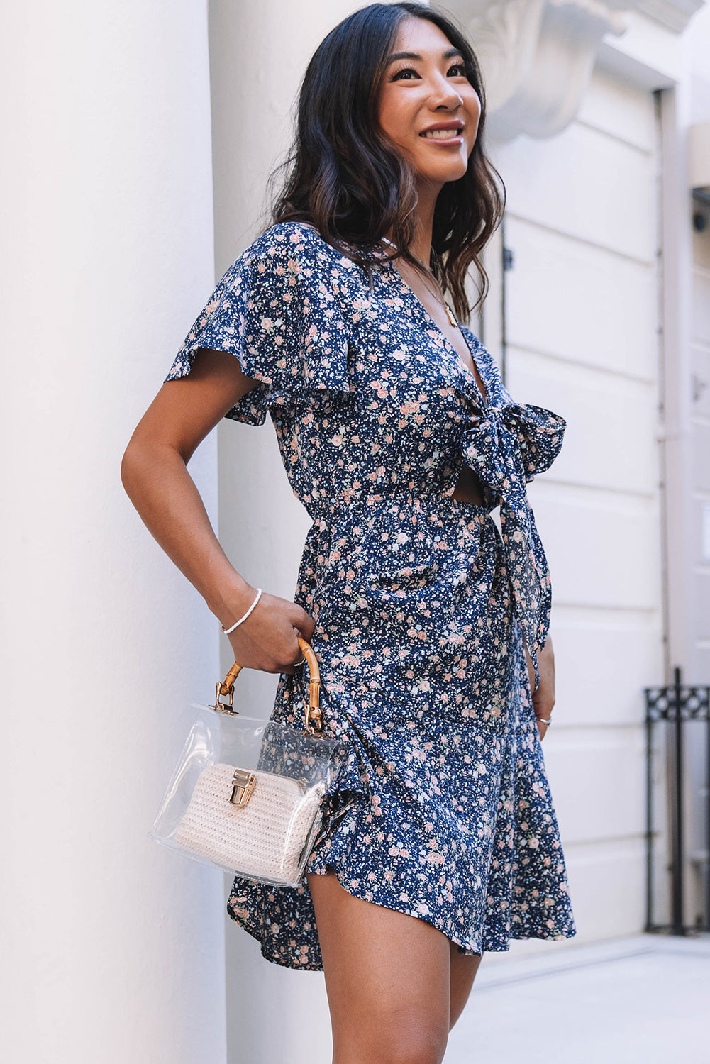 Blue Floral Tie Front Mini Dress| JB Boutique