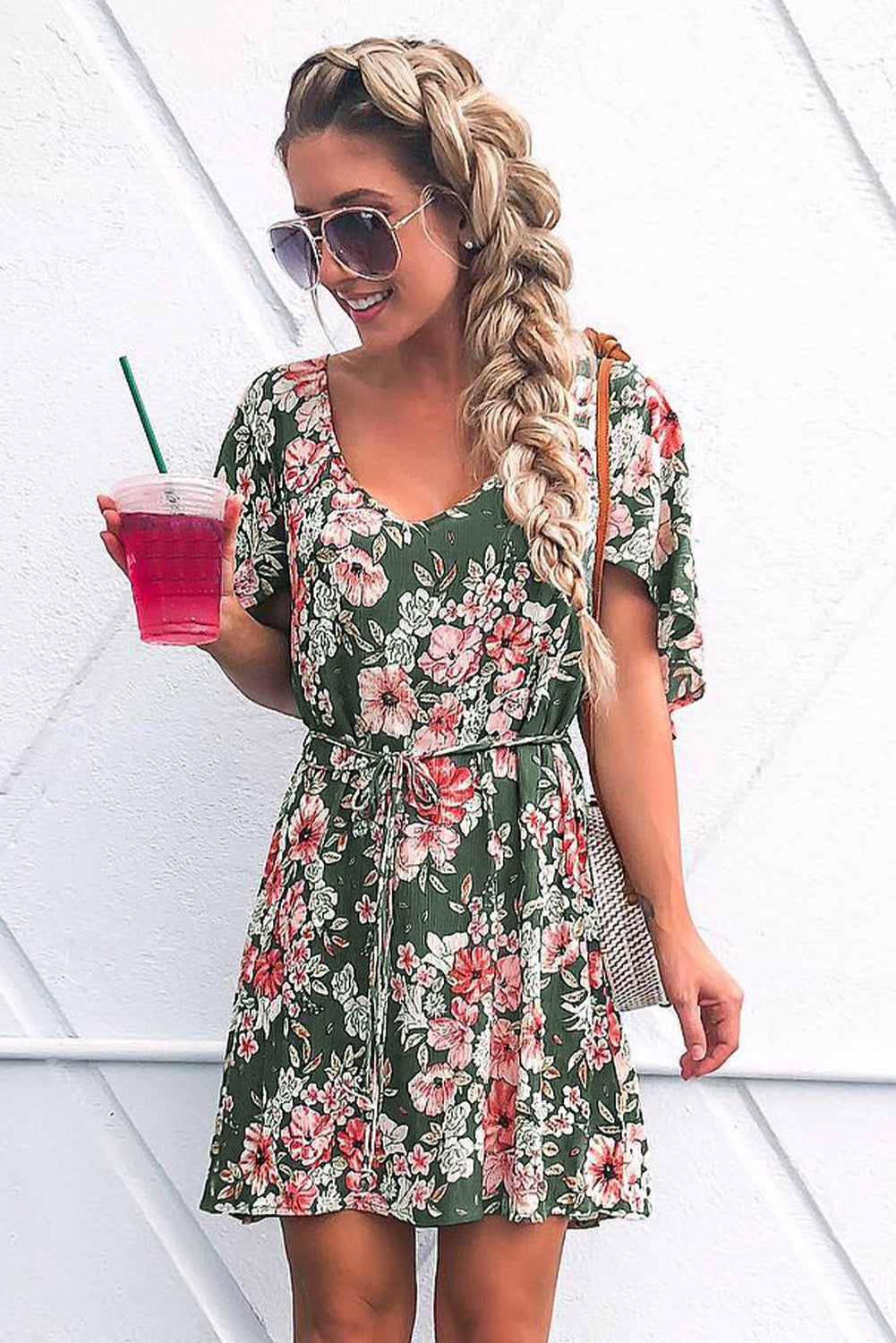 Green Floral V Neck Open Back Mini Dress | JB Boutique