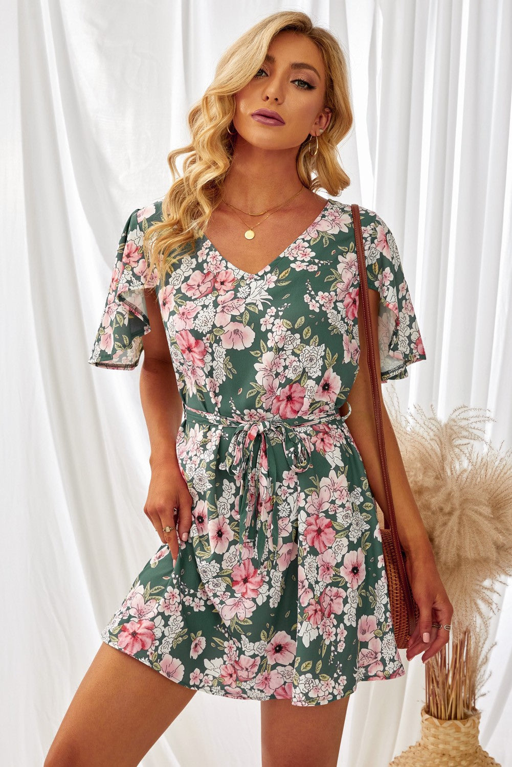 Green Floral V Neck Open Back Mini Dress | JB Boutique