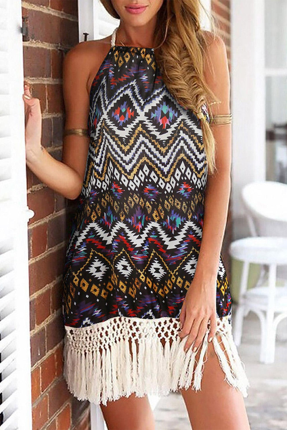 Aztec Halter Neck Sleeveless Tasseled Dress | JB Boutique |