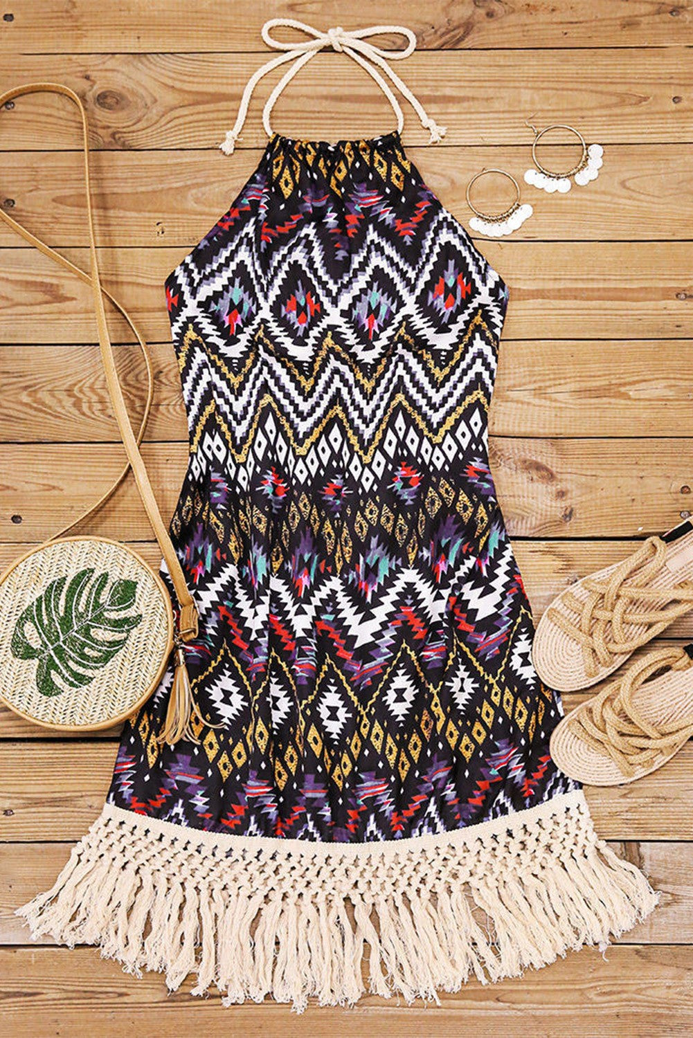 Aztec Halter Neck Sleeveless Tasseled Dress | JB Boutique |