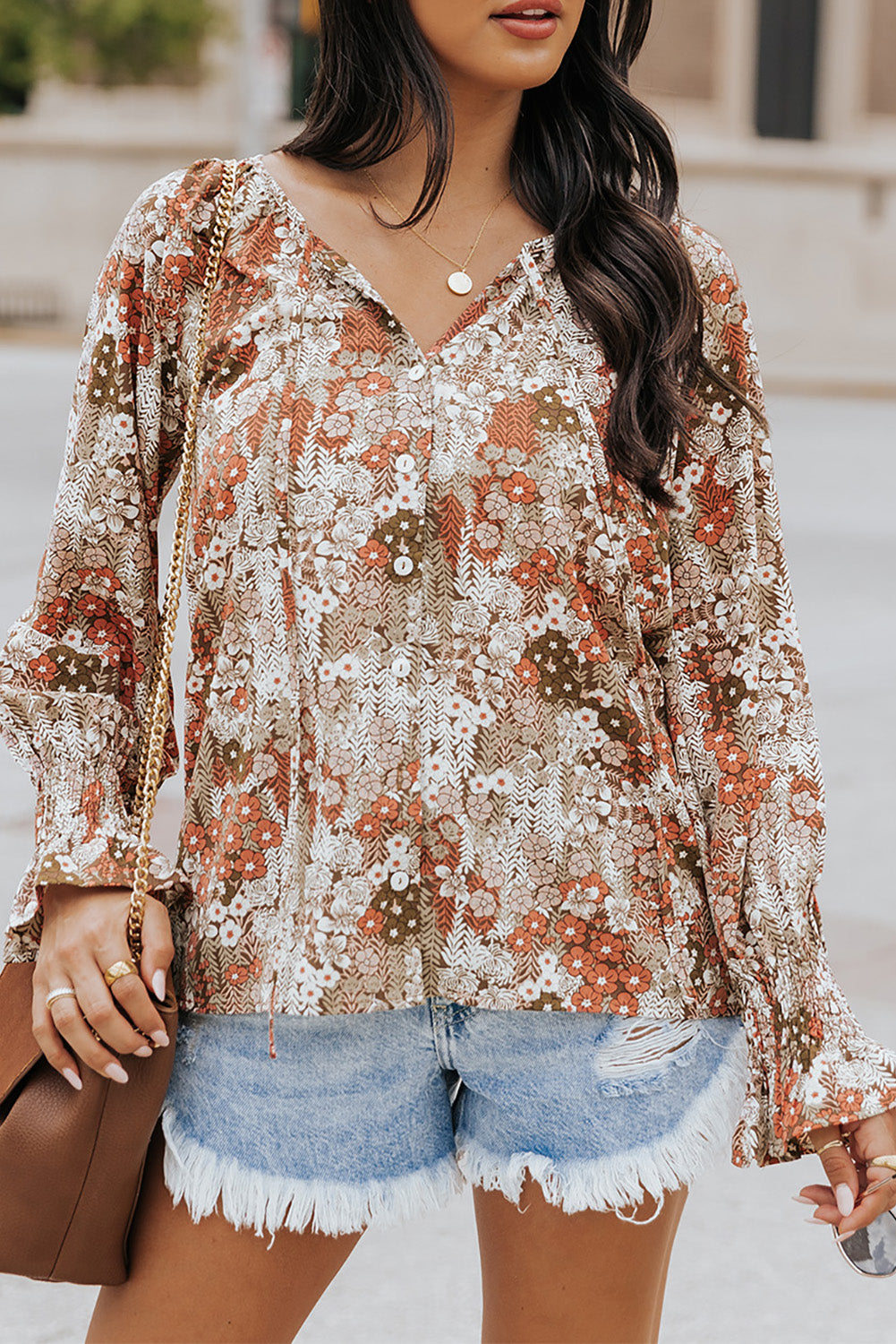 Floral Long Sleeve Lace-up V Neck Blouse | JB Boutique |