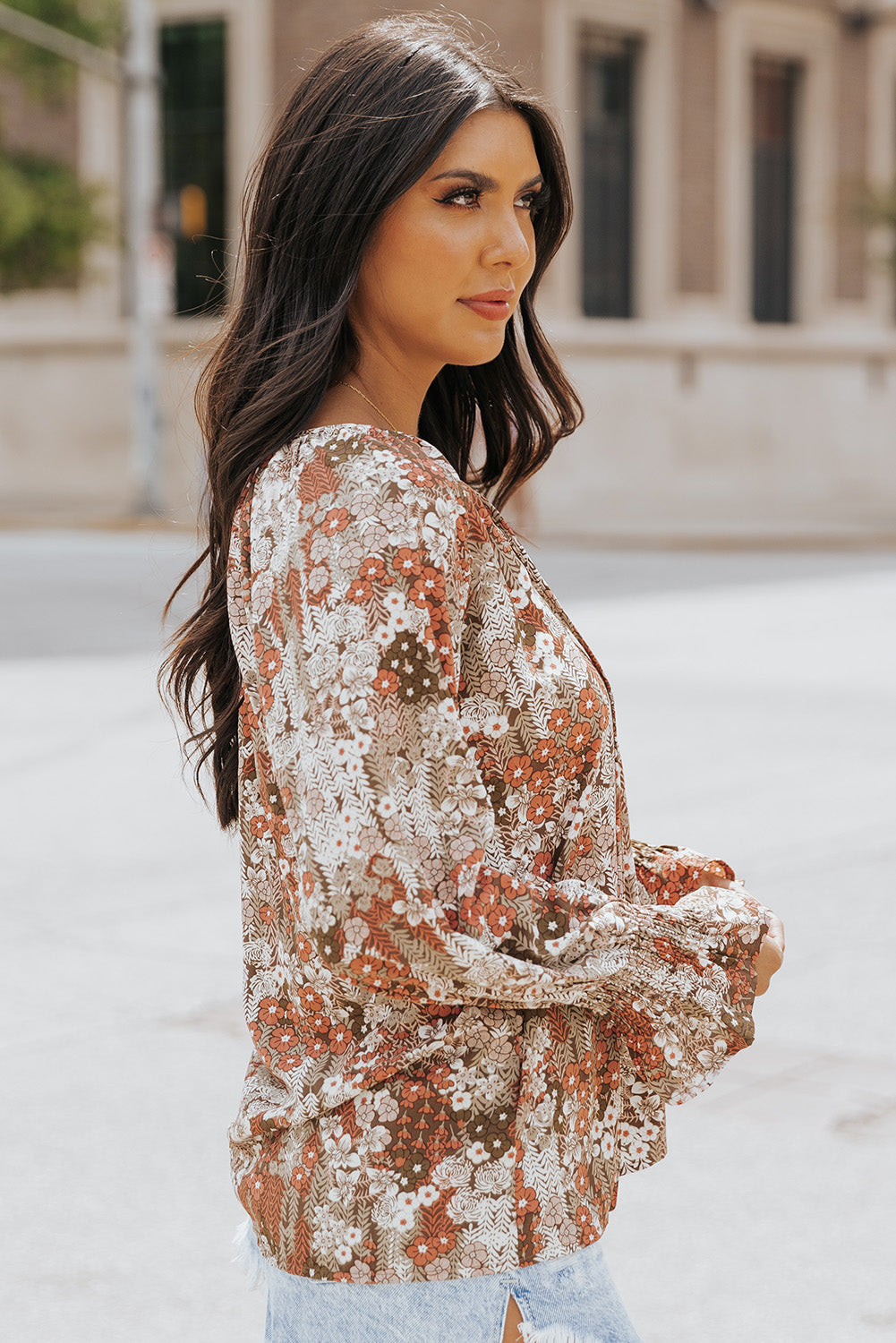 Floral Long Sleeve Lace-up V Neck Blouse | JB Boutique |