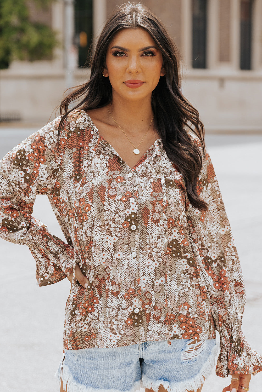 Floral Long Sleeve Lace-up V Neck Blouse | JB Boutique |