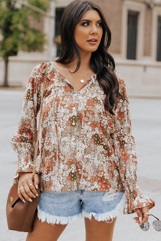 Floral Long Sleeve Lace-up V Neck Blouse | JB Boutique |