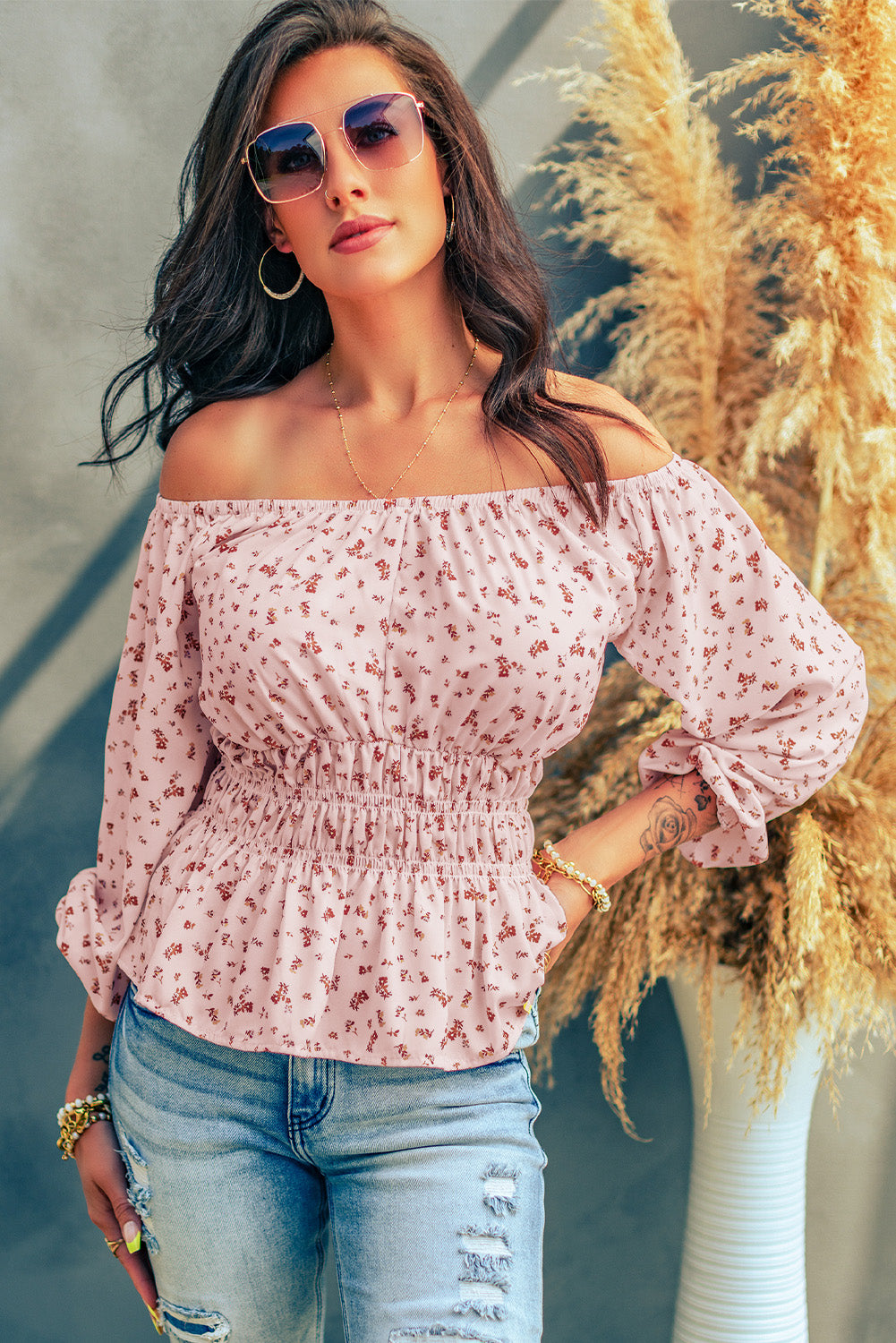 Floral Smocking Waist Peplum Blouse | JB Boutique |