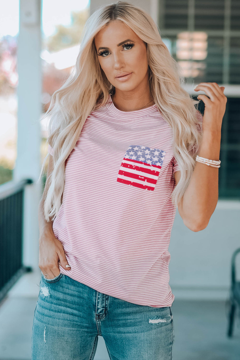 Stripes American Flag Chest Pocket T Shirt