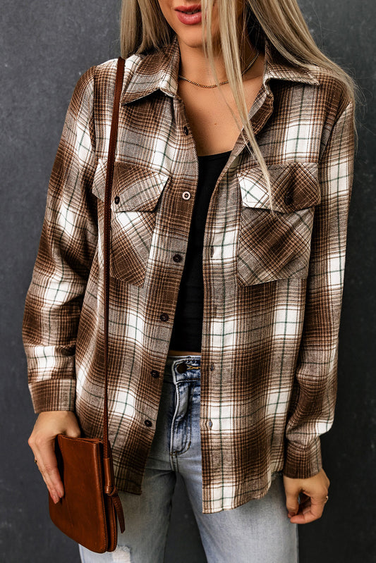 Brown Plaid Print Chest Pockets Buttoned Shirt | JB Boutique |
