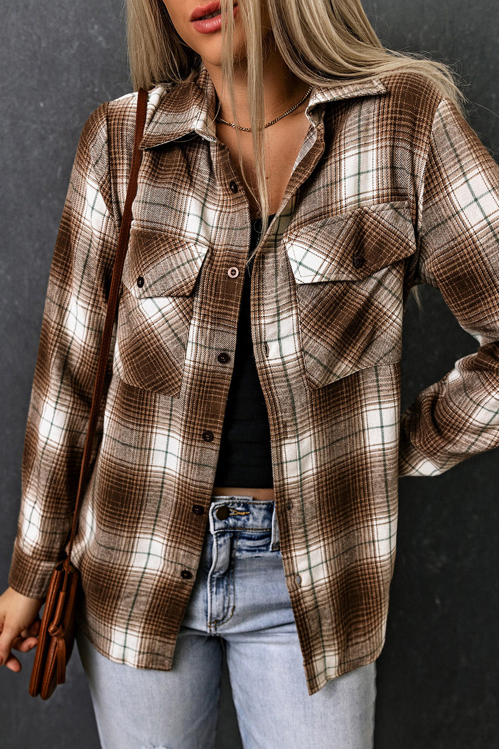 Brown Plaid Print Chest Pockets Buttoned Shirt | JB Boutique |