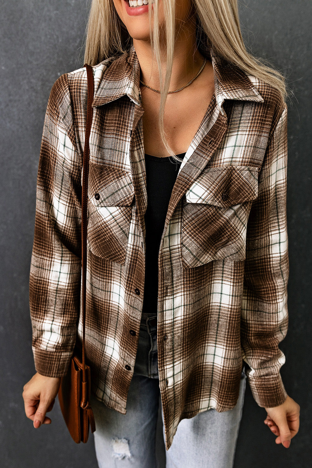 Brown Plaid Print Chest Pockets Buttoned Shirt | JB Boutique |