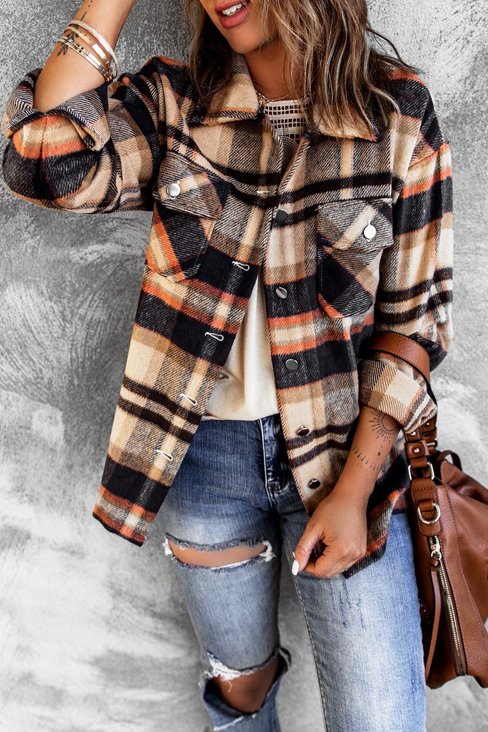 Geometric Plaid Print Pocketed Shacket | JB Boutique |