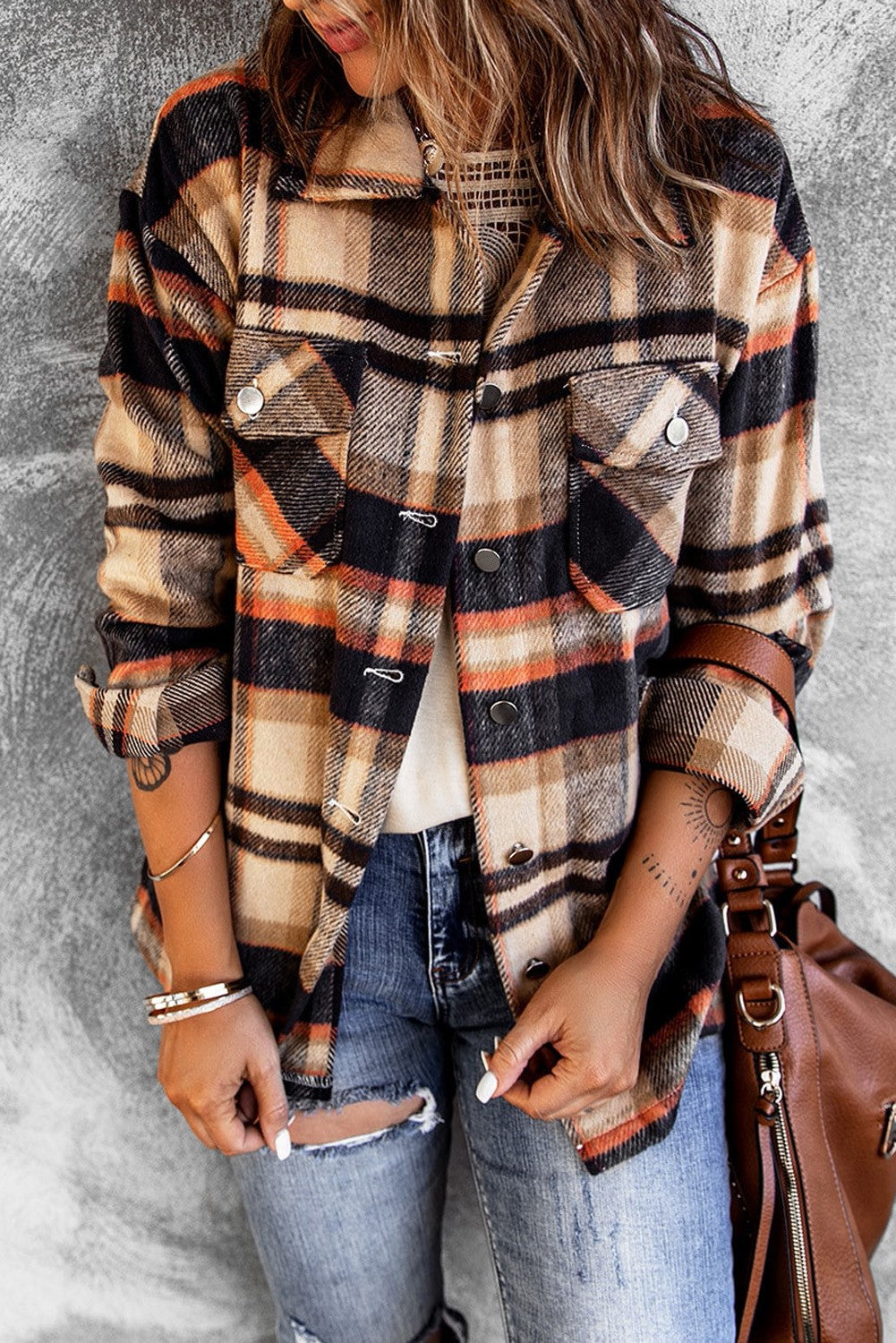 Geometric Plaid Print Pocketed Shacket | JB Boutique |