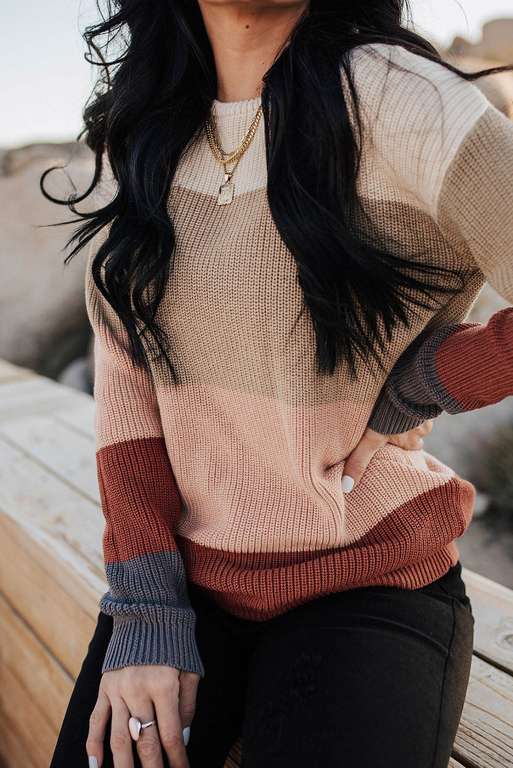Khaki Knitted Colorblock Sweater | JB Boutique |