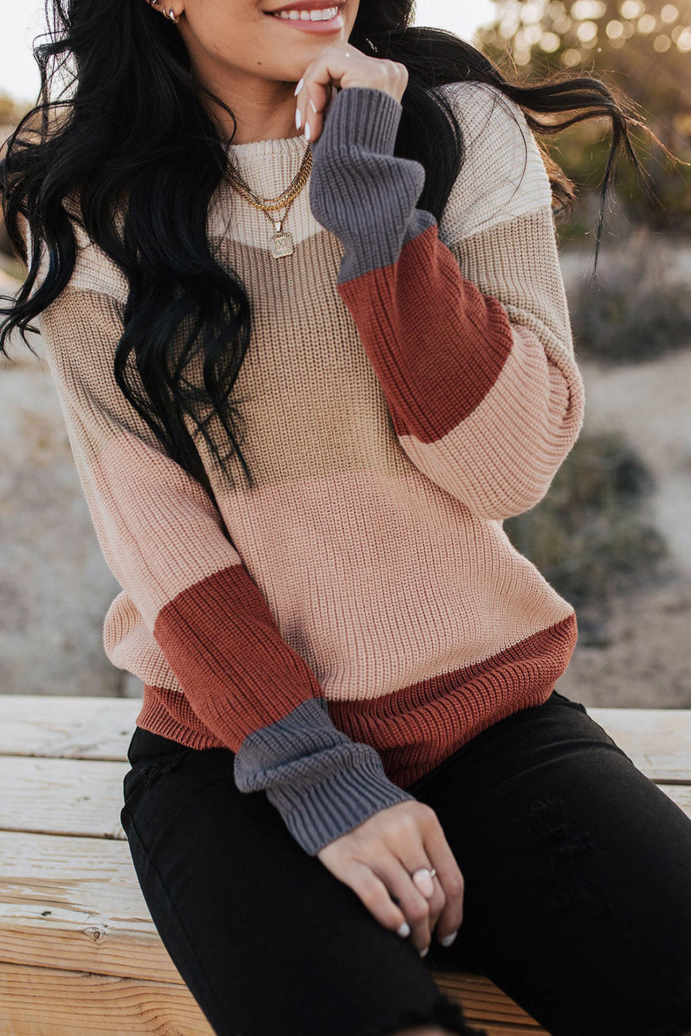 Khaki Knitted Colorblock Sweater | JB Boutique |