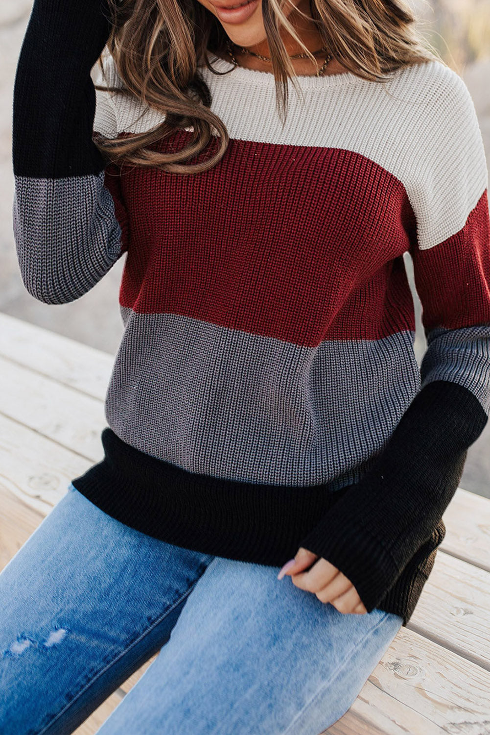 Red Knitted Colorblock Sweater | JB Boutique |