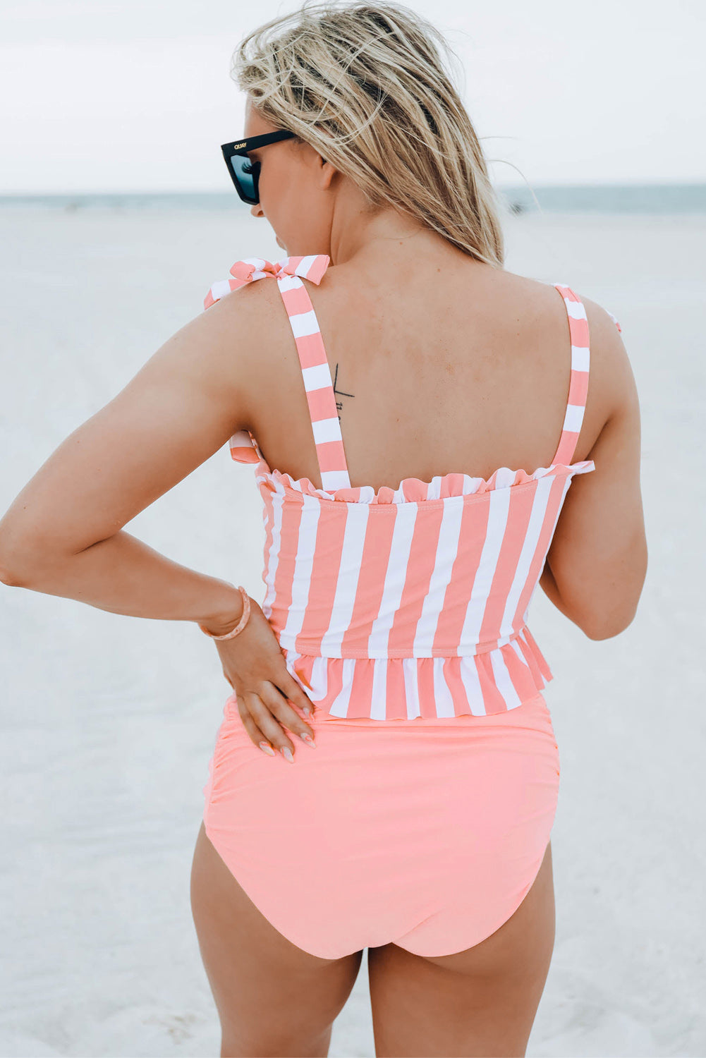 Pink Tie Shoulder Striped Cute Tankini Set | JB Boutique |